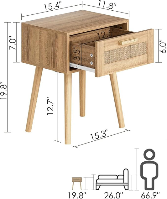 Aienvey Rattan Nightstand, Small Night Stand, Side Table with Drawer Open Shelf, Cane Accent Bedside End Table with Wood Legs, Bohemian Wood Nightstand for Bedroom, Oak (Bohemian)