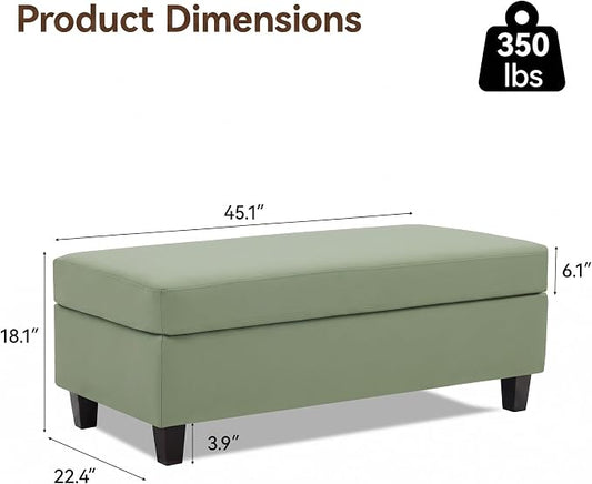 45" Faux Leather Storage Ottoman Bench with Wooden Tray, Sage Green Large Upholstered Foot Stool, Multifunctional Coffee Table Storage Bench with Solid Wood Legs for Living Room Bedroom Entryway
