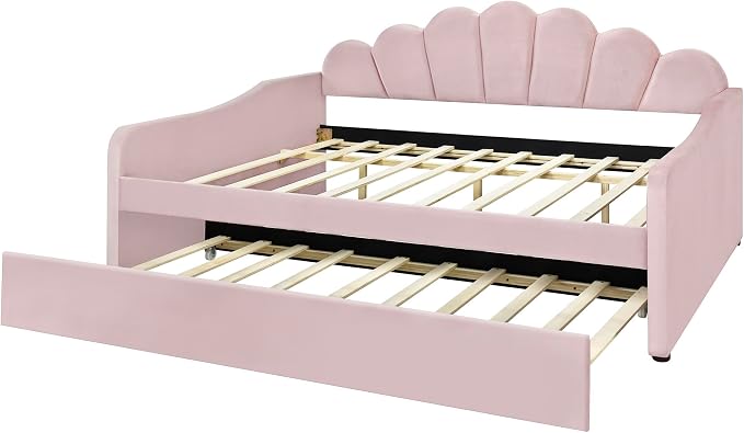 Ball & Cast Full Size Daybed with Trundle,Velvet Upholstered Day Bed Frame Full with Shall Shaped Backrest and Wood Slat Support,No Box Spring Needed,Pink
