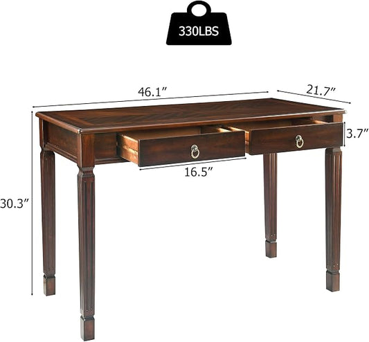 Large Computer Desk With 2 Storage Drawers, 46" Home Office Desks- , Elegant Wood Writing Desks with Carved Legs, Classic Vanity Dressing Table for Living Room, Easy Assembly, Caramel Brown BSZ-D1258