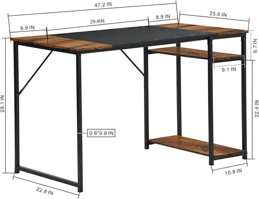 FurnitureR Computer Desk with Shelves for Small Spaces Simple Home Office Desk Study Writing Office Table Laptop PC Writing Desks (Brown, 47.2 Inch)