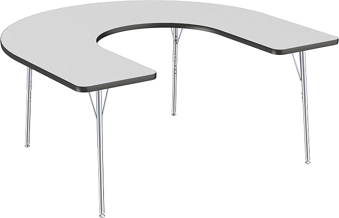 FDP Horseshoe Activity School and Office Table (60 x 66 inch), Standard Legs with Swivel Glides, Adjustable Height 19-30 inches - Gray Top, Black Edge, Silver Legs