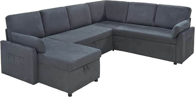 PaPaJet Sofa Bed, 112 Inch Sleeper Sofa, Oversized U Shaped Couch with Storage Chaise, Pull Out Couch for Living Room, Chenille Gray