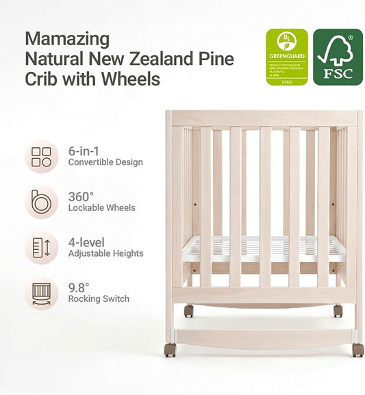 MAMAZING EvoNest 6-in-1 Convertible Baby Mini Crib with Wheels, GREENGUARD Gold Certified, 4 Adjustable Mattress Heights, 100% New Zealand Pine Wood, Portable Crib for Small Spaces, Washed Natural