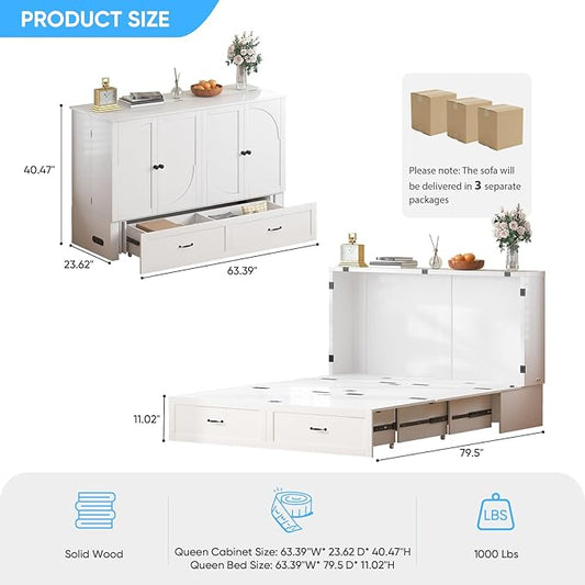 Mjkone Queen Size Murphy Bed Cabinet with USB Charging Station, 63.39" Width Storage Chest Cabinet Murphy Beds with Foldable Panel for Guest Small Spaces Home Offices, Mattress Not Included, White