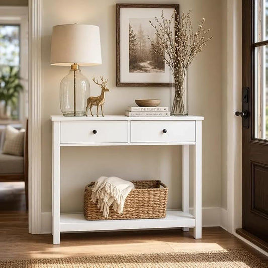 Gizoon Console Table with Drawers, Sofa Table with Storage Shelves, 2-Tier Wooden Entryway Table for Living Room, Kitchen, Hallway, Foyer, White