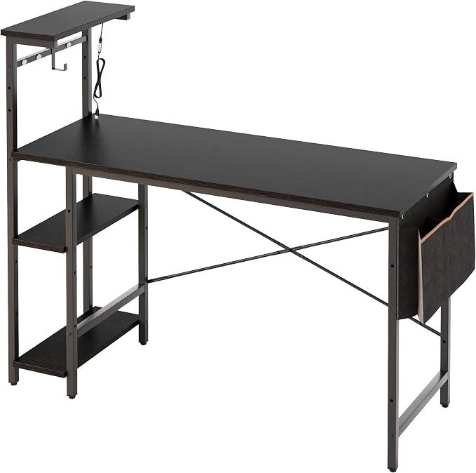 Bestier Gaming Desk with LED Lights, 51.3 Inch Computer Desk with 4 Tiers Reversible Shelves, Home Office Writing Desk with Side Storage Bag, Hooks and Height Adjustable Shelf (Black Grained)