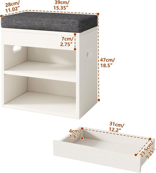 YMYNY Small Shoe Storage Bench with Cushion and Drawer, 2 Tier Adjustable Entryway Bench with Storage, Wooden Shoe Rack Bench for Entryway, Living Room, Hallway, Closet, Bedroom, White, HSC002W