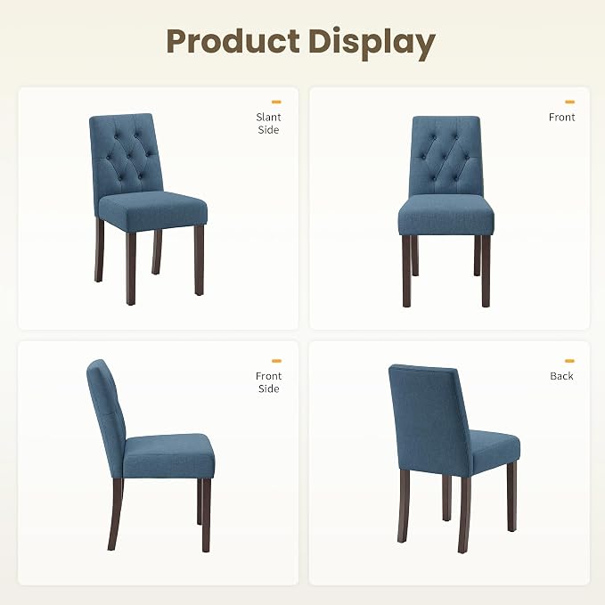 Upholstered Dining Chairs Set of 6, Modern Fabric Dining Chairs with Tufted Design, Kitchen Side Chairs, Farmhouse Dinner Chair with Wood Legs for Kitchen Restaurant Living Room, Blue