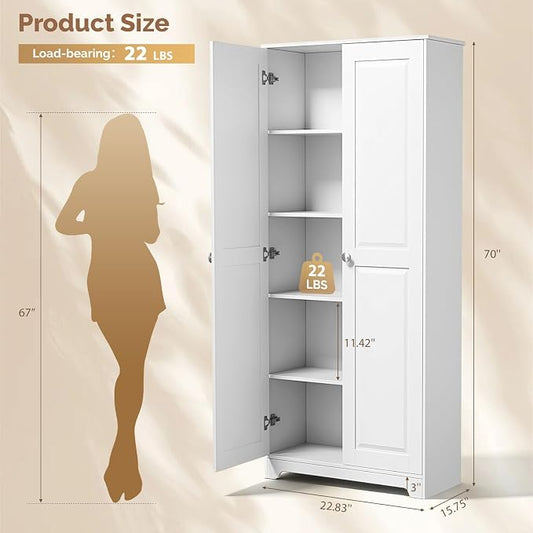 VINGLI 72" Tall Pantry Cabinet, Kitchen Pantry Storage Cabinet with 2 Doors & Adjustable Shelves, Freestanding Food Storage Cupboard for Kitchen, Dining Room, Utility Room, White