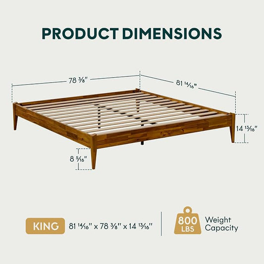 Bme Dinkee King Bed Frame Wood 15 Inch - Solid Wood Platform Bed Frame - Japanese Joinery Bed - Modern & Minimalist Style - Wood Slat Support - Easy Assembly - No Box Spring Needed - Caramel