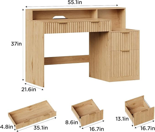 Vabches Fluted Computer Desk with Power Outlets, Home Office Desk with Drawers, Printer Stand, Wood Computer Desk with Long Monitor Stand, Oak