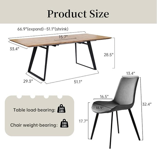 ZckyCine 51‑67 Inch Expandable Dining Set with 8 PU Leather Chairs, Wooden Furniture for Small‑Size Homes