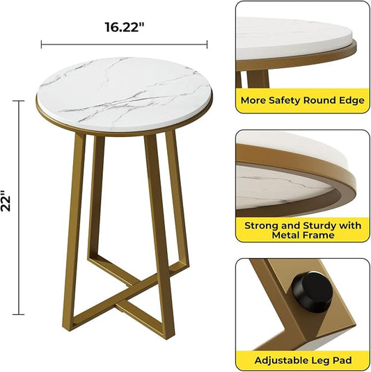 Dorriss Round End Tables, Small Side Table White Marble Texture MDF Top,Metal Frame Gold Color, Tall End Table for Bed Room,Coffee Tea End Table for Living Room (White Marble+Gold)