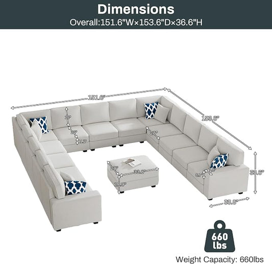 Legend Vansen Oversized Modular Sectional Sofa,U/L‑Shaped Reversible Couch with Ottoman,Deep Seat Plush Polyester Sofa for Living Room,14‑Seater,Cream