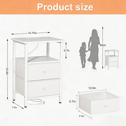 Nightstand with Charging Station, Bedside End Table with 2 Fabric Drawers for Bedroom, Side Table with USB Ports and Outlets (White)
