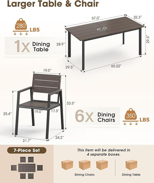 Outdoor Dining Set for 6, Aluminum Patio HDPS Outdooor Table and Chairs Set with Umbrella Hole, All Weather Patio Furniture Set, 7 Peice Patio Dining Table Set (Charcoal)