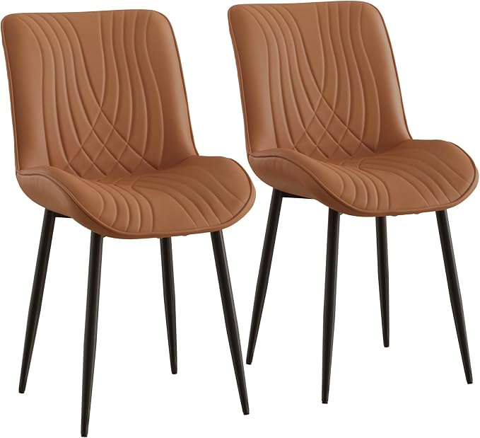 VECELO Dining Chairs Set of 2, Modern Upholstered Faux Leather Cushion Seat and Metal Legs for Kitchen, Living Room, Vintage Cognac Brown
