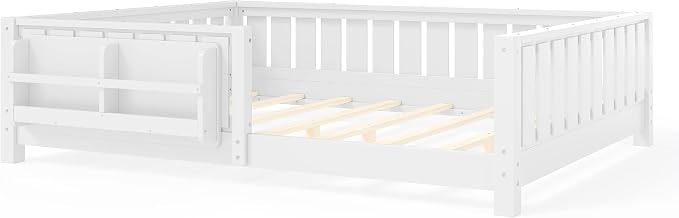 Bellemave Full Floor Bed with high Rails and with Built-in Bookshelf for Kids, Girls, Boys, Wood Montessori Floor Bed Without Door, White