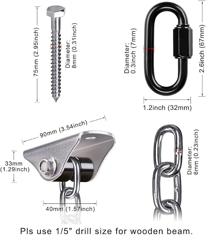 BeneLabel 2Pcs 81" (6.75 ft) Heavy Duty Porch Swing Chain with Silent Swing Hanger Hanging Chair Hanger for Indoor Outdoor Playground Bench Chair Hammock Chairs 1000LB Capacity - Silver Chain