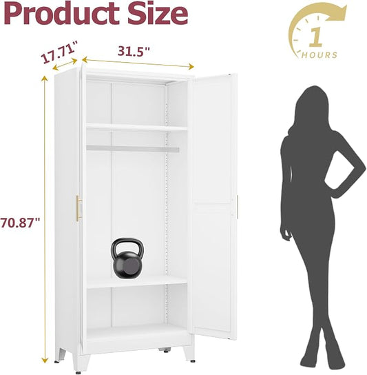 GAIOUS Metal Wardrobe Cabinet with Hanging Rod, Clothing Storage Cabinets | with 2 Doors and Adjustable Shelves, 71" Metal White Armoire Wardrobe Closet for Bedroom, Laundry Room, Cloak Room