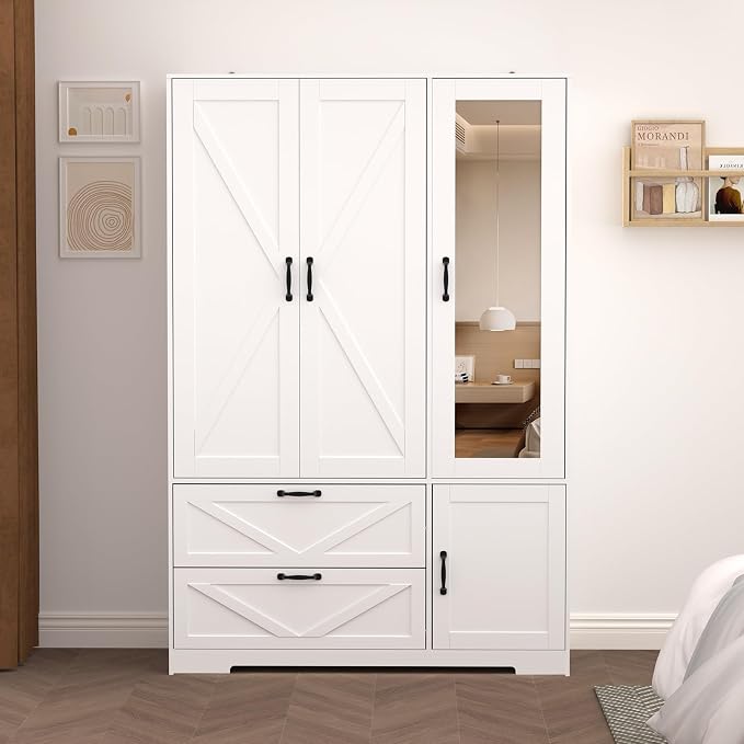 Armoire Wardrobe Closet with 3 Door, Bedroom Armoire with Mirror, LED Light, Hanging Rod, Drawers,Adjustable Shelves,Large Capacity Closet for Bedroom,47.2L,White