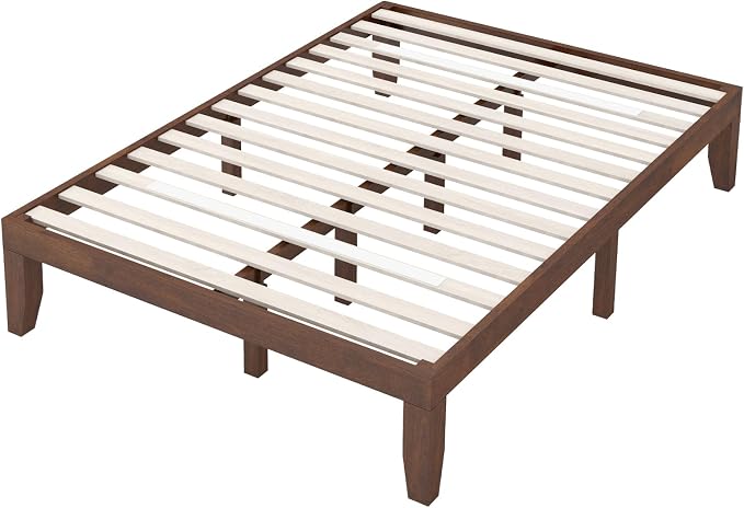 COSTWAY Wood Platform Bed Frame, 14 Inches Solid Rubber Wood Bed Mattress Foundation with Sturdy Slats Support, Easy Assembly Bed Frame for Home Hotel, No Box Spring Needed (Walnut, Full)
