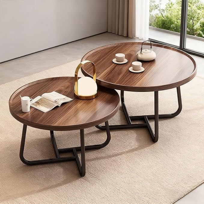 Round Nesting Coffee Table Set of 2, 28" Round Walnut with Fluted,Mid Century Modern,Center for Living Room Bedroom Office Balcony Yard