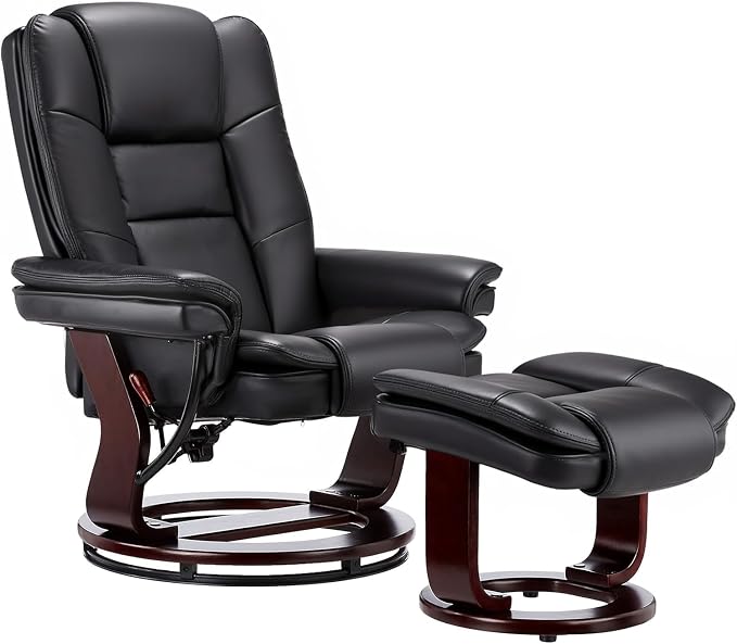 Swivel Recliner Chair with Ottoman Reclining Lounge Sofa Footrest, Set of 1 | 360°Sturdy Wood Base, Soft PU Leather, Upholstered Ultra-Plush Foam, Modern Armchair, Living Room Bedroom Office Reading Home