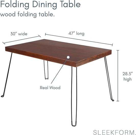 Sleekform Wooden Folding Dining Table for 4 - with Collapsible Hairpin Legs - 4 ft Portable Small Foldable Dining Room Table for Farmhouse Kitchen and Small Spaces - Walnut