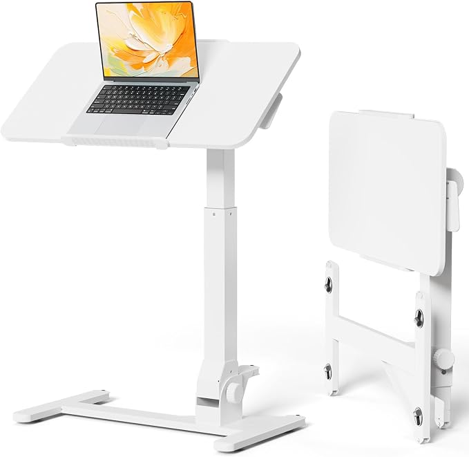JOY worker Foldable Overbed Bedside Table, 180° Tiltable Mobile Standing Desk with Wheels, 31.5" Pneumatic Height Adjustable Rolling Laptop Desk for Home & Hospital Use, Easy Storage, White