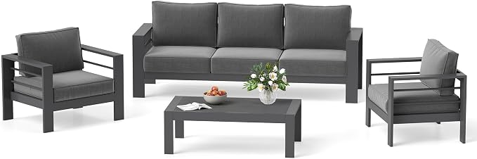 Solaste 5-Seaters Aluminum Outdoor Patio Furniture Set, Patio Sectional with 5" Thick Cushion, Outdoor Furniture with Coffee Table, Patio Sofa for Porch, Backyard, Deck, Yard, Dark Grey