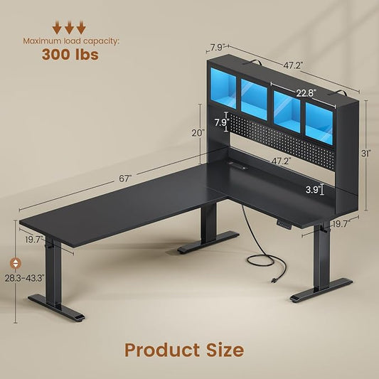 SEDETA 67" Standing L Shaped Gaming Desk, Office Computer Desk with Storage Hutch, Stand Up Corner Desk with Pegboard & Led Lights for Home Office, Black