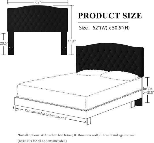 Furpopup Velvet Upholstered Headboard Queen/Full Size Latest Model Wall Mount, Bed Frame Mount, Featuring High-Density Sponge Padding, Luxury Texture Easy Assembly Comfort and Style-Black