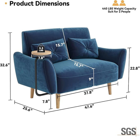 Brelice Loveseat Sofa, 47" Velvet Couch for Bedroom, Convertible Wooden Tray & Ergonomic Armrest, for Small Space, Apartment, Living Room, Home Office, Easy Assembly, Blue