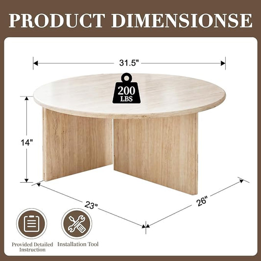 DUOMAY Modern Round Coffee Table Beige Travertine Finish Center Table Faux Marble 31.5" Wooden Tea Table for Living Room, Reception Room, Home Office, Luxury Minimalist