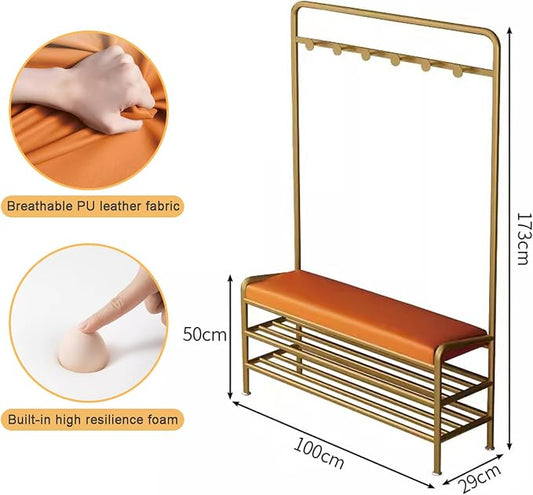 Narrow Hall Tree Storage Bench for Entryway, Coat Rack Shoe Bench Metal, Freestanding Coat Tree with Storage Shelf and Hooks, Entryway Bench with Shoe Storag(Orange-100 x 29 x 173 cm