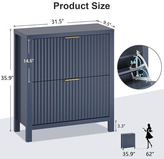 YOMILUVE Shoe Cabinet Storage for Entryway, Fluted Shoe Cabinet with 2 Flip Drawers, Hidden Shoe Rack Tall Freestanding Shoe Organizer with Legs for Hallway, Blue