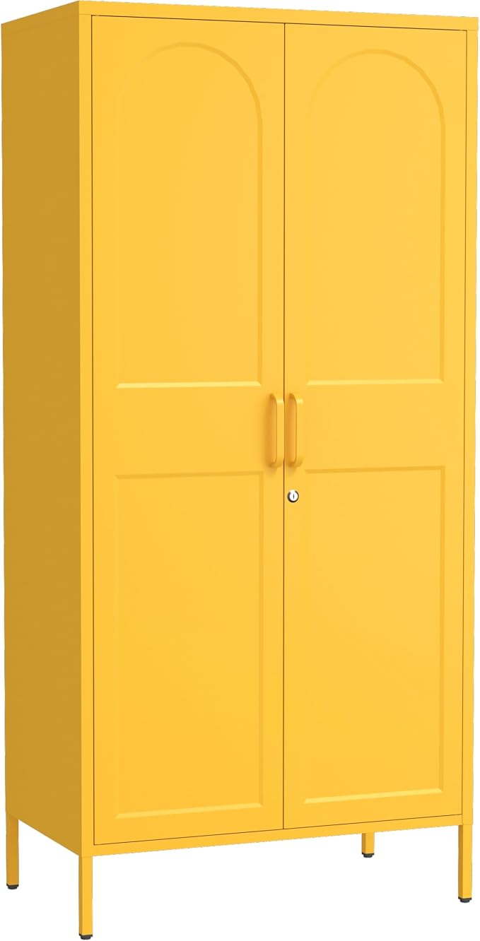 Lockable Metal Wardrobe Closet with Doors, 67" Coat Closet,Metal Storage Cabinet Locker with Removable Hanging Rod And Adjustable Shelves for Home Bedroom Office Yellow Size:67" H X 31.5" W X 18.1" D