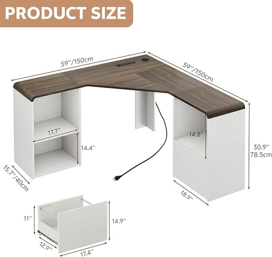 L Shaped Desk with Power Outlets & USB C Port, 59'' Reversible L-Shaped Computer Desk with File Drawer for Letter Legal Size, Corner Office Desk with Storage Shelves, Rounded Corners, White
