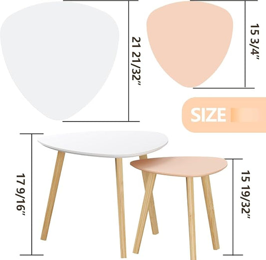 BAMEOS Bamboo Nesting Triangle End Table,Set of 2 SideTable Modern Minimalist Coffee Table for Living Room (White & Pink)