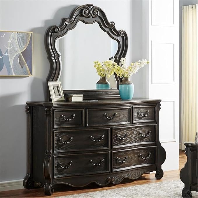 BOWERY HILL 6-Piece Queen Panel Wood Bedroom Set, Multi-Step Molasses Finish, Hardwood Solids and Veneers, Button-Tufted Headboard, Antique-Style Drawer Pulls, Traditional Design Furniture Set for