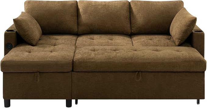 84" L-Shape Reversible Sectional Sofa Bed w/USB Port, Light Brown | Upholstery Sleeper Couch w/Adjustable Backrests & Storage Chaise, Chenille Modern Sofa w/Pull-Out Bed for Living Room