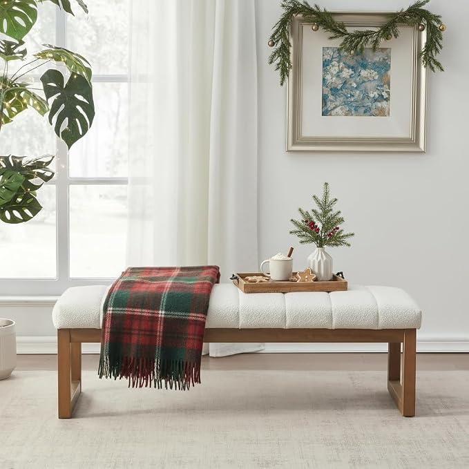 Zihanhome 52.7" Bedroom Bench for End of Bed, Modern Upholstered Teddy Fabric Entryway Bench & Dining Bench, Footrest Stool Bench with Solid Wood Frame for Bedroom, Living Room (Beige)
