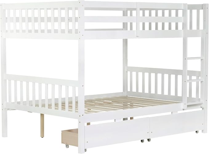 Harper & Bright Designs Full Over Full Bunk Bed with 2 Drawers, Convertible into 2 Beds, Bunk Bed with Ladder and Safety Guardrails, White