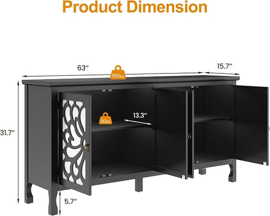 RoyalCraft 63'' Sideboard Buffet Cabinet with Storage, Accent Cabinet Credenza with 4 Doors and Adjustable Shelves, Vintage Media Console for Entryway, Living Room, Kitchen, Satin Black