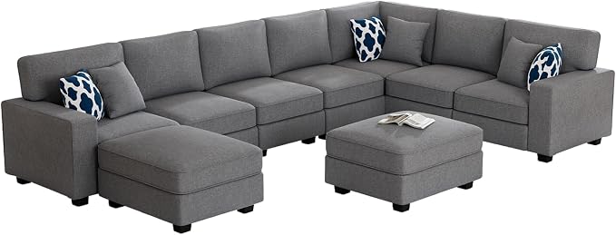 Legend Vansen Oversized Modular Sectional Sofa,U/L‑Shaped Reversible Couch with Ottoman,Deep Seat Plush Polyester Sofa for Living Room,9‑Seater,Dark Grey
