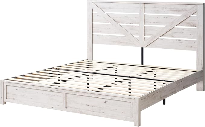 AMERLIFE King Size Bed Frame with 49.2" Barn Door Headboard and Footboard, Farmhouse Platform Bed Frame with Wood Slats, No Box Spring Needed, Under Bed Storage, Distressed White