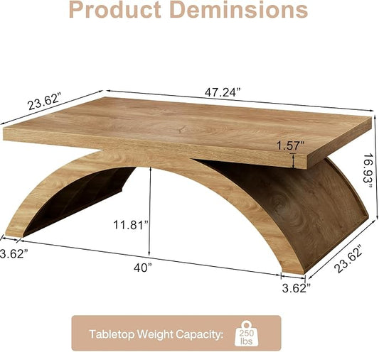 HSH 47" Modern Rectangle Wood Coffee Table for Living Room, Arched Base | Large Rectangular Center Table, Low Table with Sculptural Arched Base, Annual Ring Wood Grain, 200 lb Capacity, Easy Assembly
