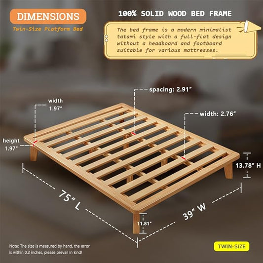 NELYE Twin Platform Bed Base - 14 Inch Solid Wood Mattress Foundation with Support Slats and Legs, Twin-Size Rubberwood Simple Bed Frame